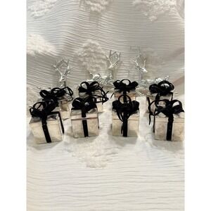 Set of 8 Silver Square Gift Boxes Black Ribbon Velvet Lined Hinged Lid Keepsake